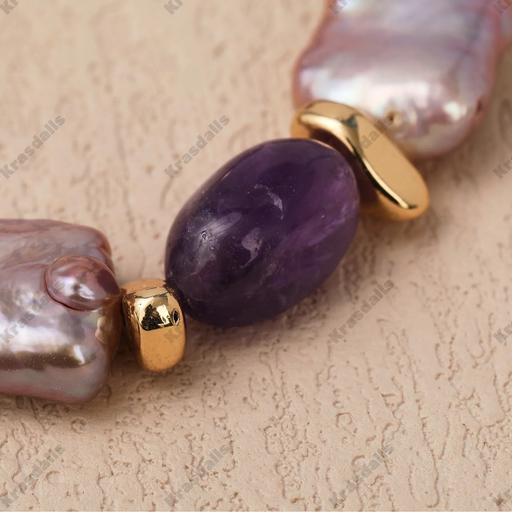 18K Gold Plated Natural Baroque Purple Rectangular Pearl Bracelet With Amethyst and Hematite Cute Vintage Styl