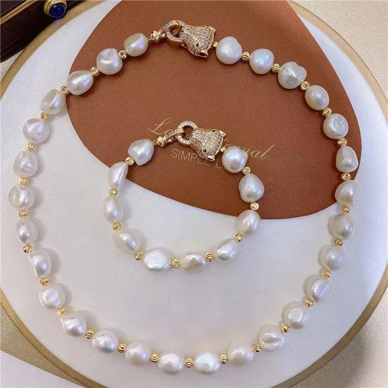 Natural Freshwater 10-11mm Baroque Pearl Choker Necklace BraceletJewelry Set