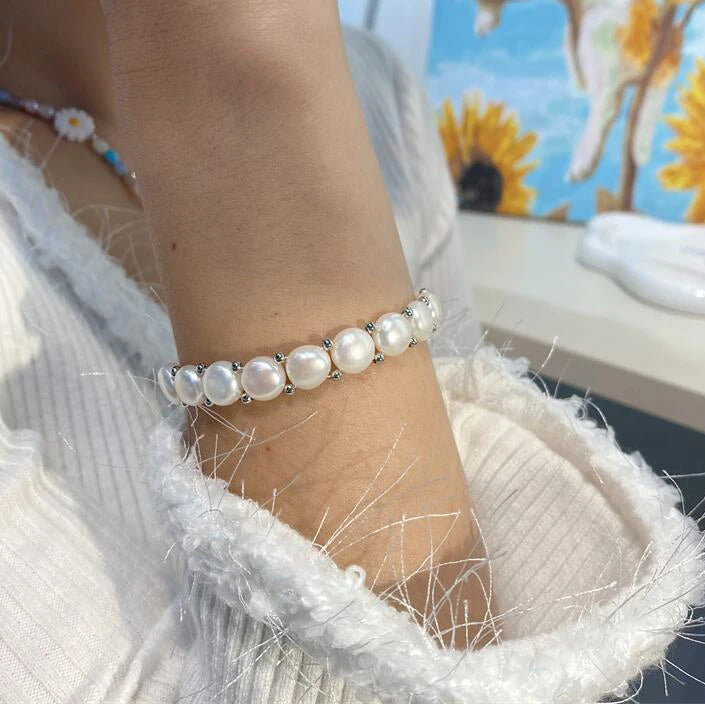 Baroque Pearl AA 8-9mm Natural Freshwater White Big Pearl Adjustable Chain Link Bracelet