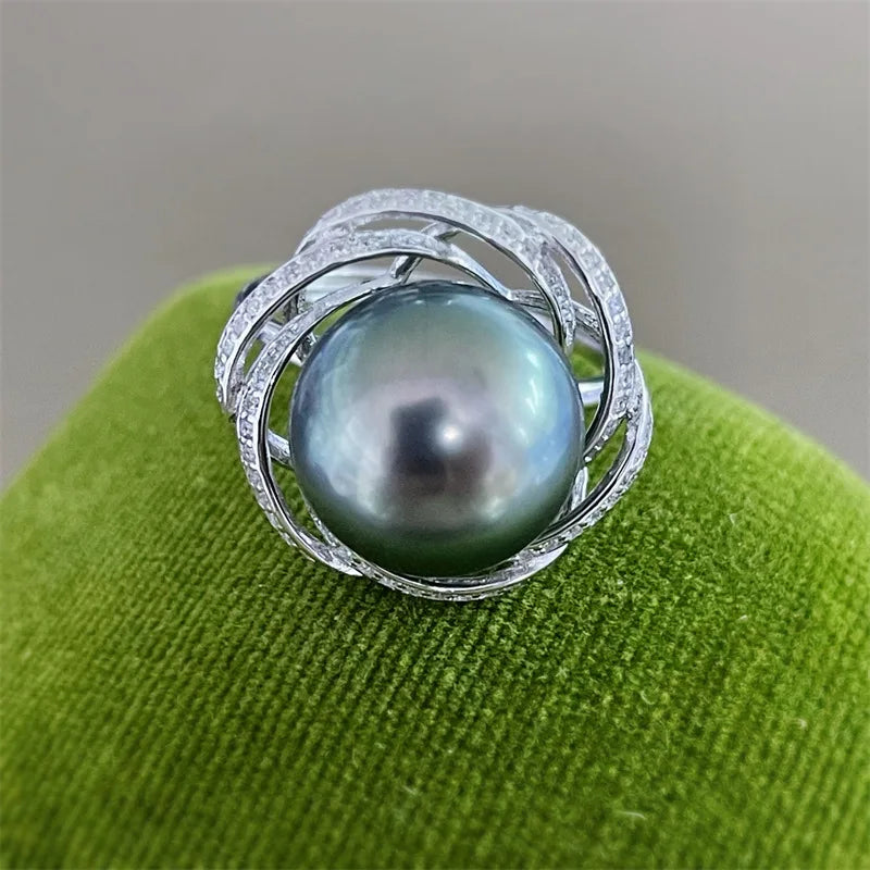 Natural Tahitian Black Round pearl AAAA+  12-13mm 925 Silver Designer Huge Ring