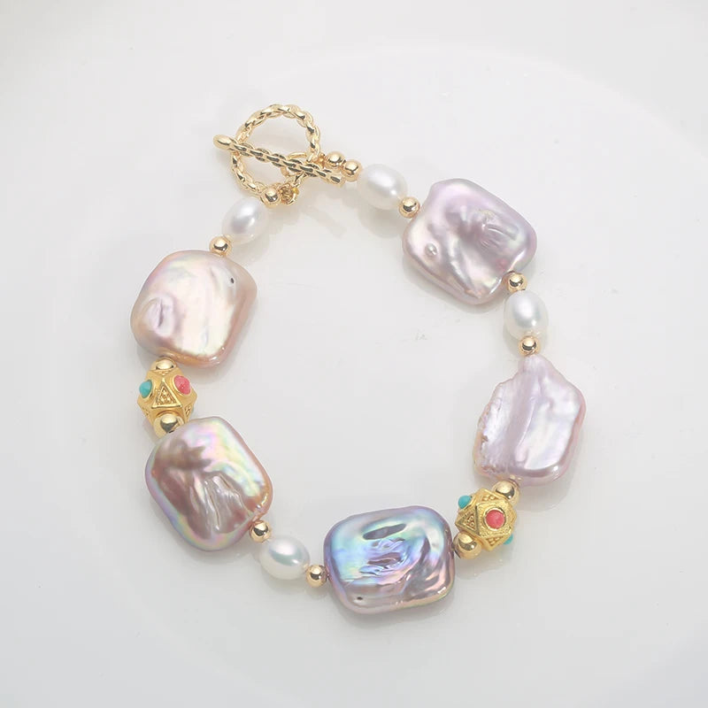 Natural freshwater Baroque Pearl bracelet white color square pearls 14k gold filled OT buckle bracelet ladies gift 16-18cm HI