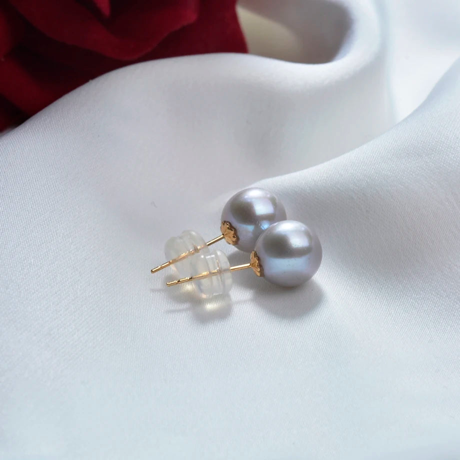 Real Natural Freshwater Pearl 18k Gold Stud Earrings