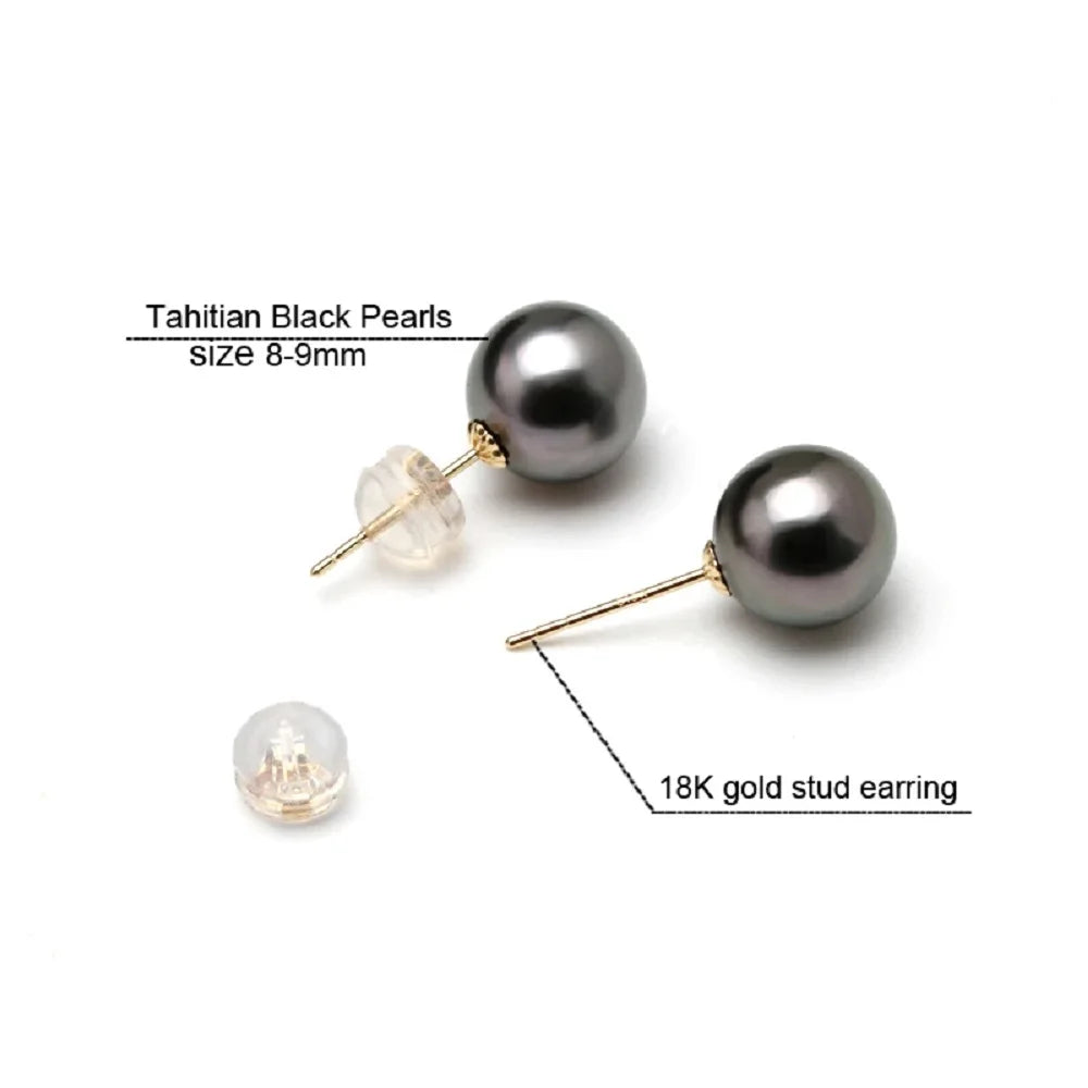 Real 18k/AU750 gold pearl earrings, round Tahitian black pearl earrings 8-9mm 9-10mm 10-11mm