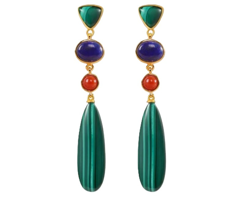 925 Silver Malachite Lapis Lazuli Agate Long Dangle Drop Earrings | Geometric Design, Colored Stone, Women's Fashion, Sterling Silver, Drop Style