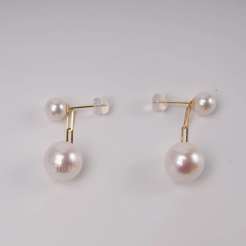 Big Genuine White Natural Freshwater Pearl 18K Yellow Gold Earrings