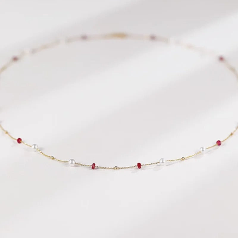 18K yellow Gold  natural ruby Freshwater pearl Necklace Pendant