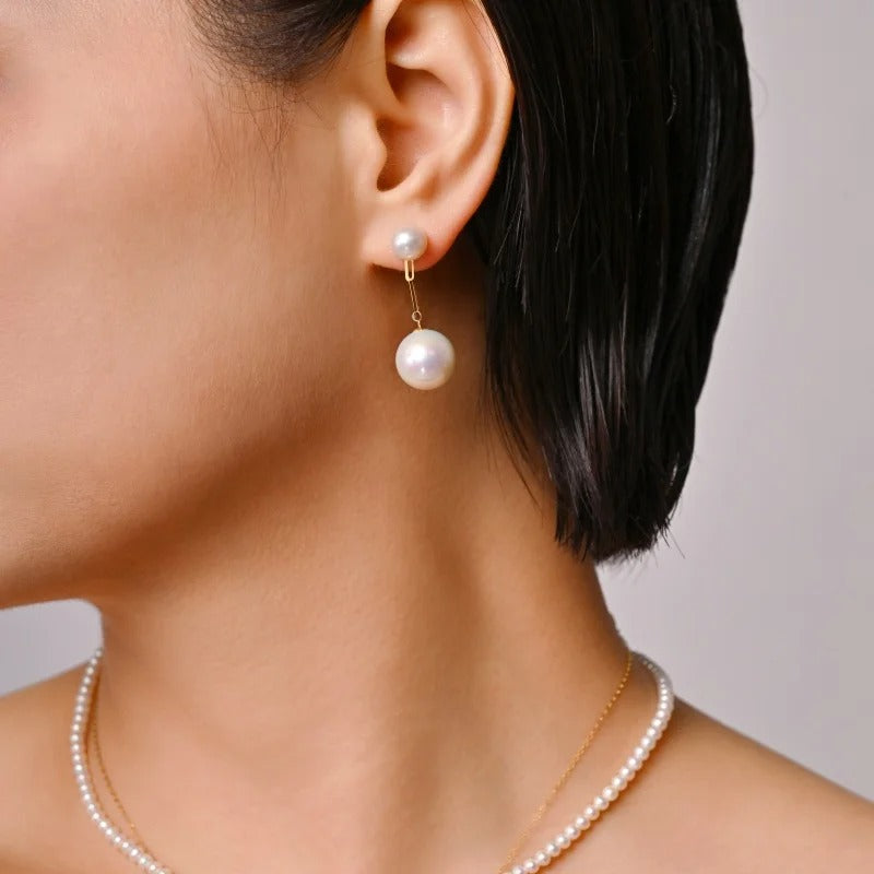 Big Genuine White Natural Freshwater Pearl 18K Yellow Gold Earrings