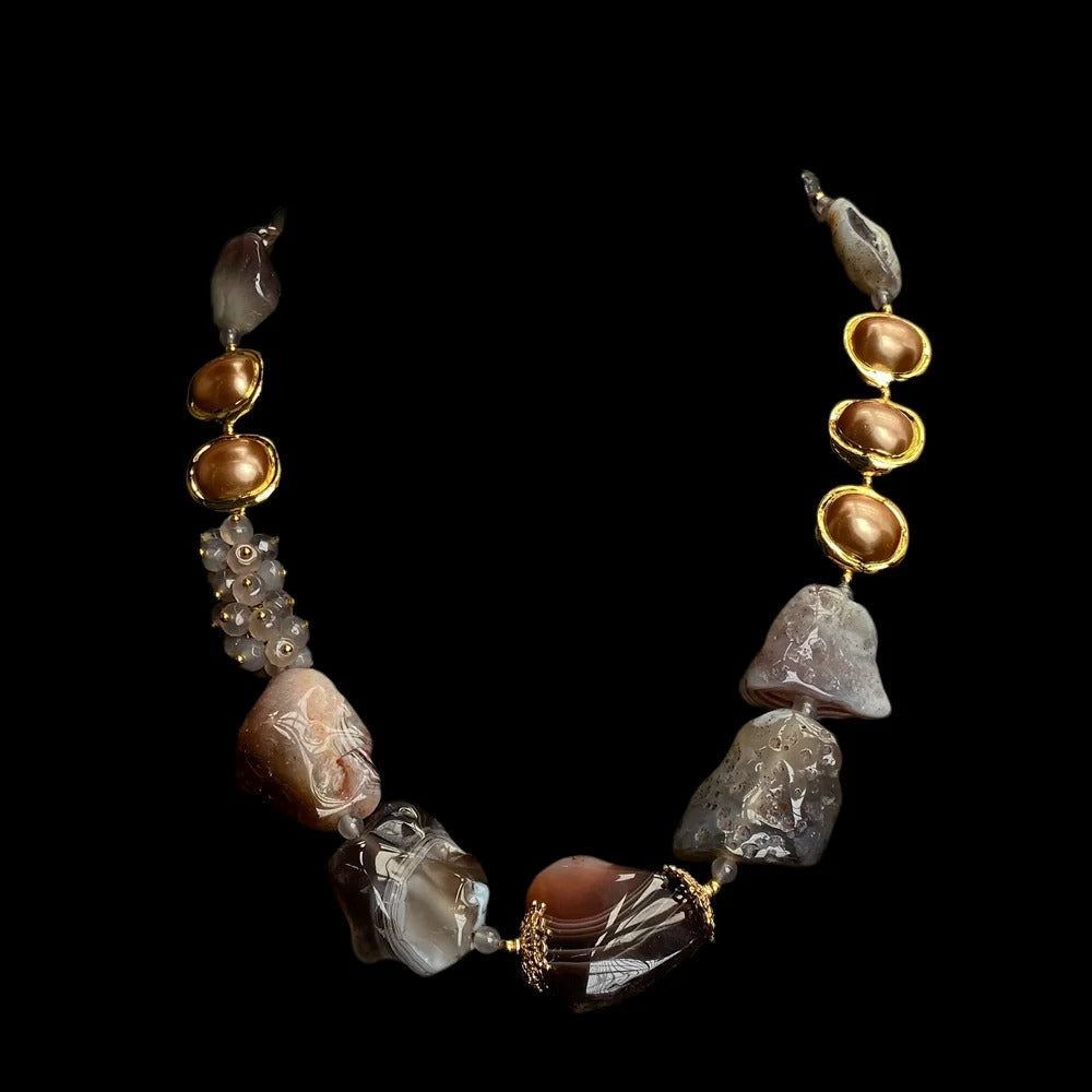 Natural Botswana Sardonyx Agates Rough Stone Gold Plated Bohemian Choker Necklace