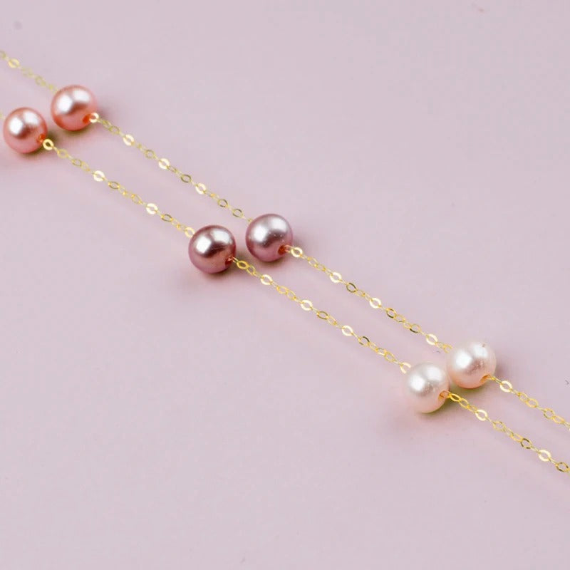 18K Gold Natural Pearl Near Round Mix Color 45 cm Necklace