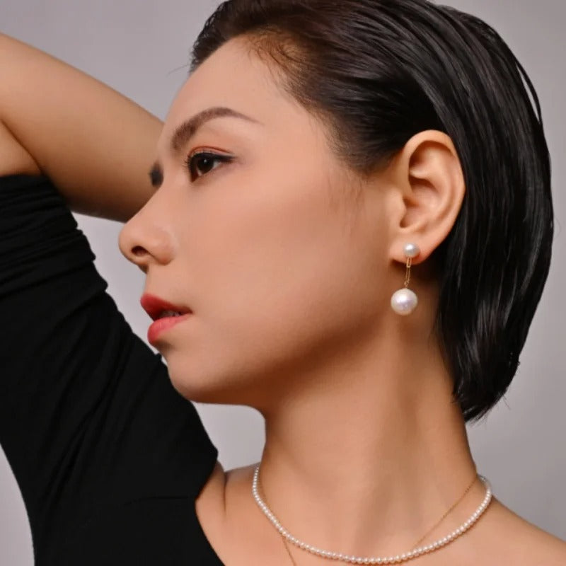 Big Genuine White Natural Freshwater Pearl 18K Yellow Gold Earrings