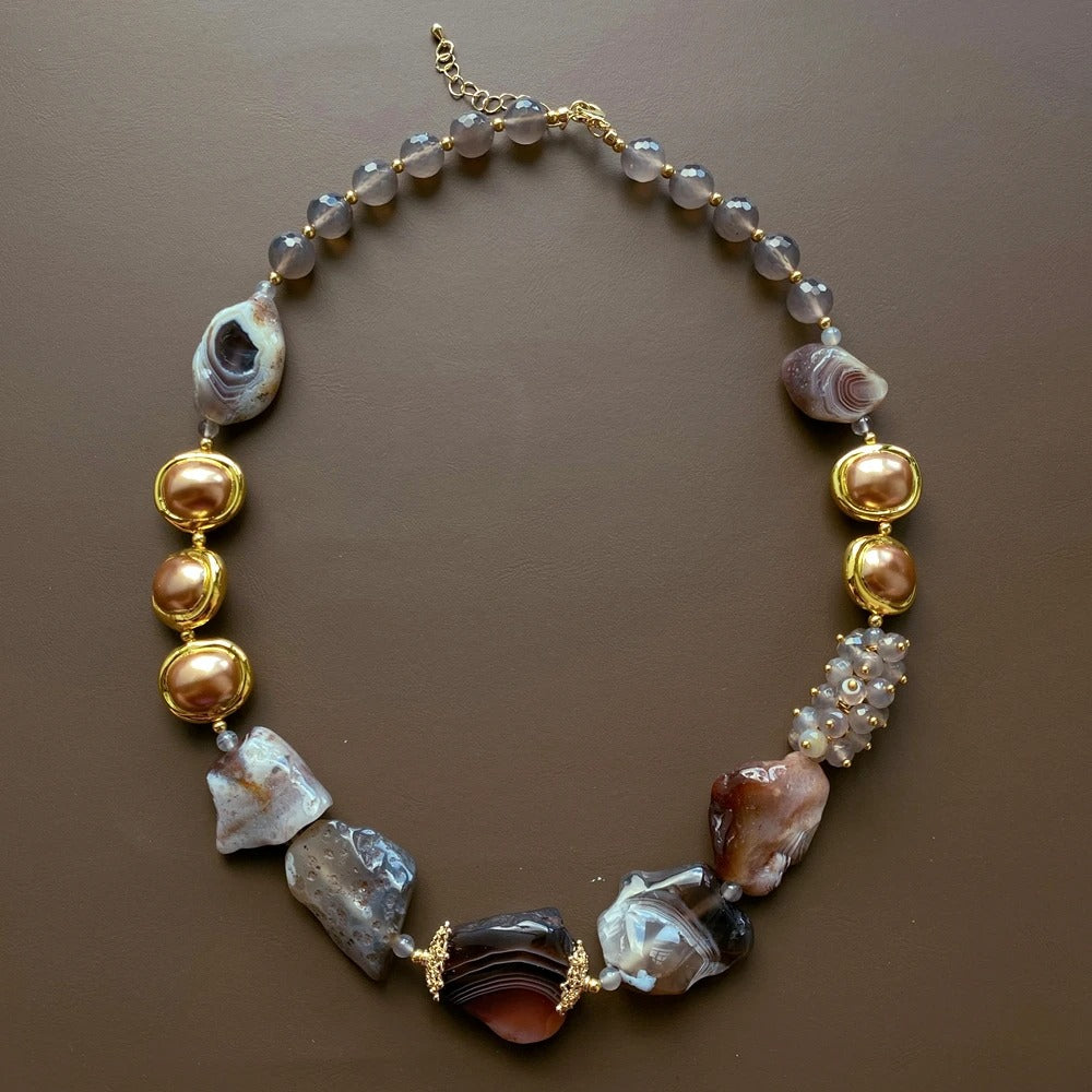 Natural Botswana Sardonyx Agates Rough Stone Gold Plated Bohemian Choker Necklace