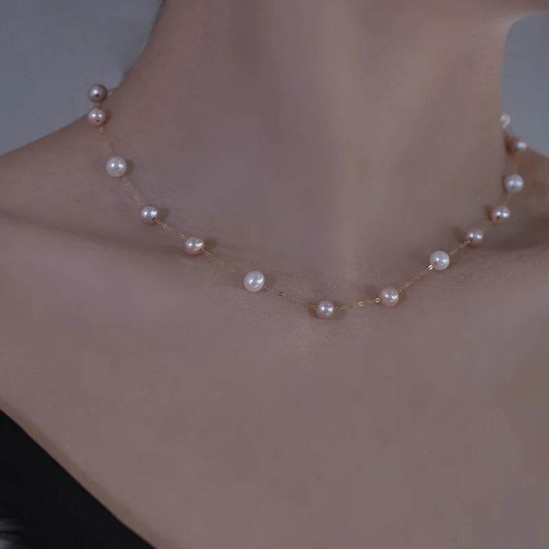 18K Gold Natural Pearl Near Round Mix Color 45 cm Necklace