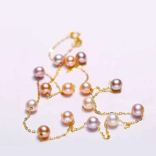 18K Gold Natural Pearl Near Round Mix Color 45 cm Necklace