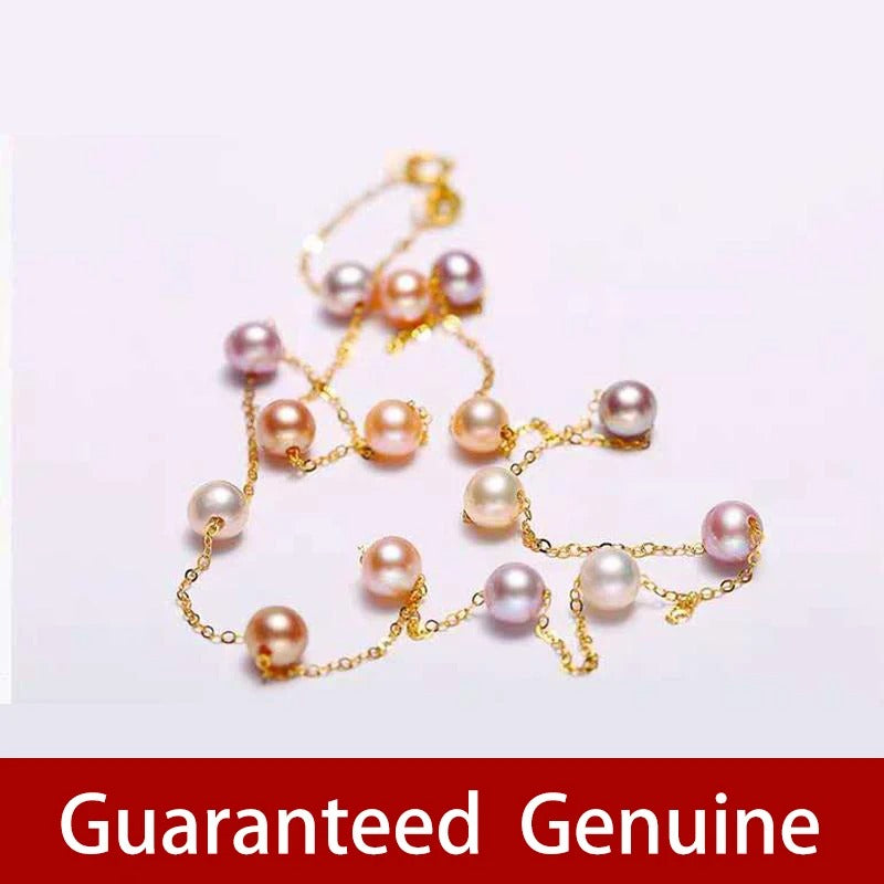 18K Gold Natural Pearl Near Round Mix Color 45 cm Necklace