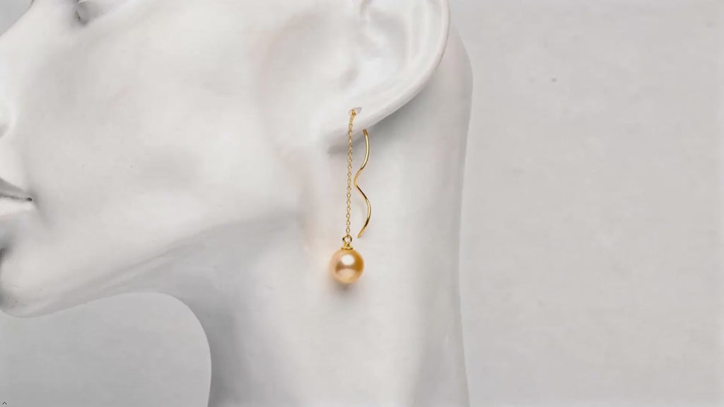 18K Gold Drop Earrings with Natural Round Southsea Pearl