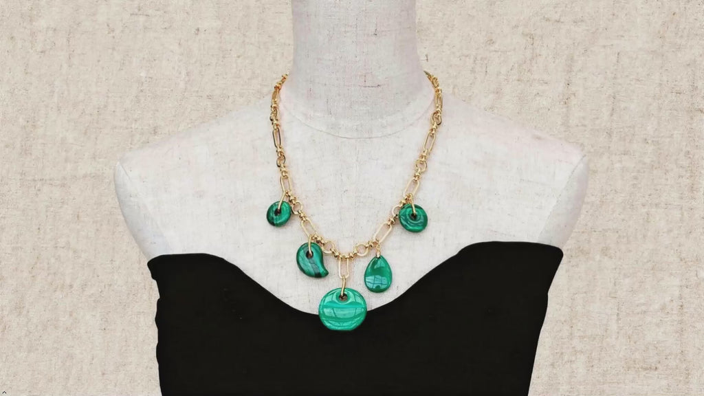 Natural Green Malachite Charm Pendant Gold Plated Chain Necklace | 30mm x 20mm x 18mm, Choker Style, for Women, Stone Pendant, Gold Plated Chain