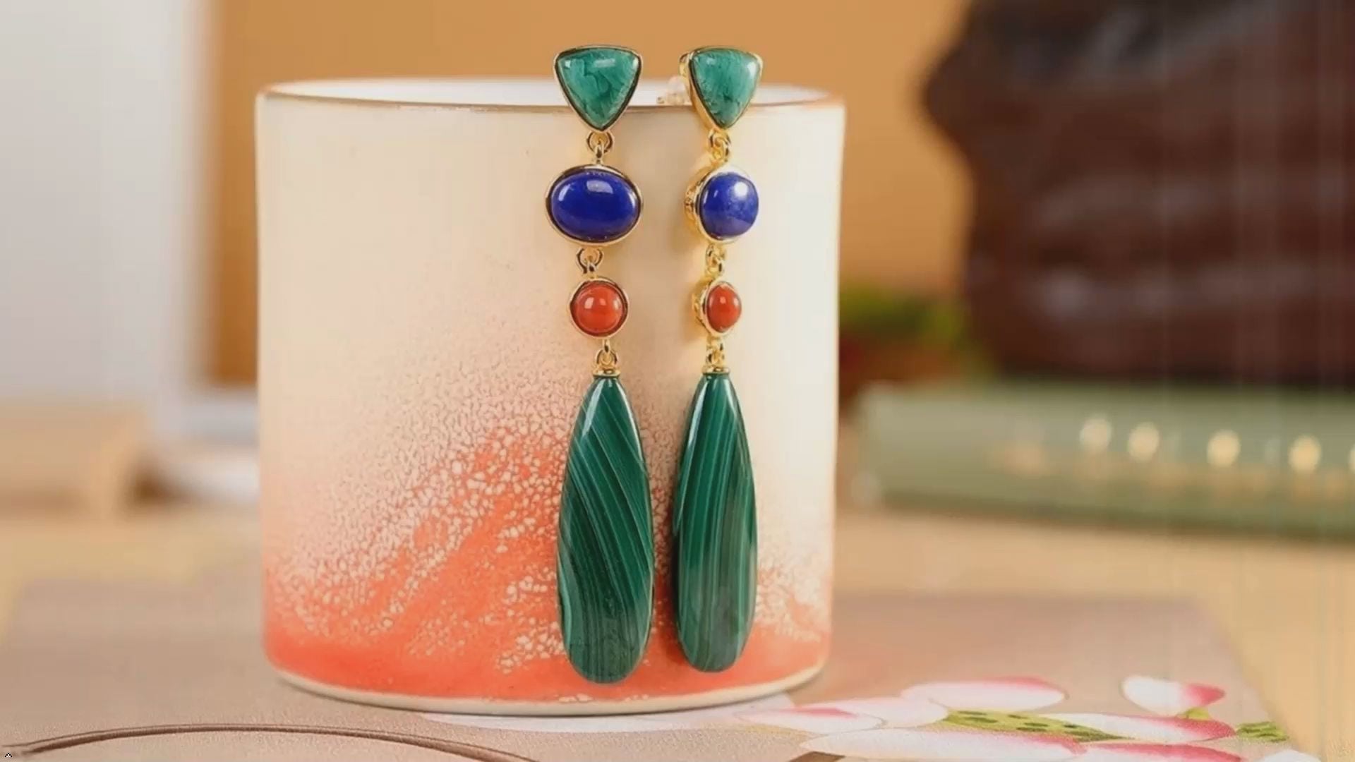925 Silver Malachite Lapis Lazuli Agate Long Dangle Drop Earrings | Geometric Design, Colored Stone, Women's Fashion, Sterling Silver, Drop Style