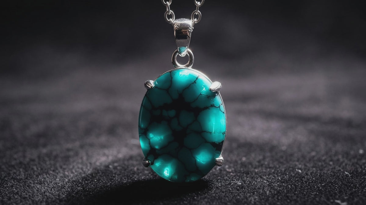 Natural Turquoise Sterling 925 Silver Reticulate Pattern Oval Necklace