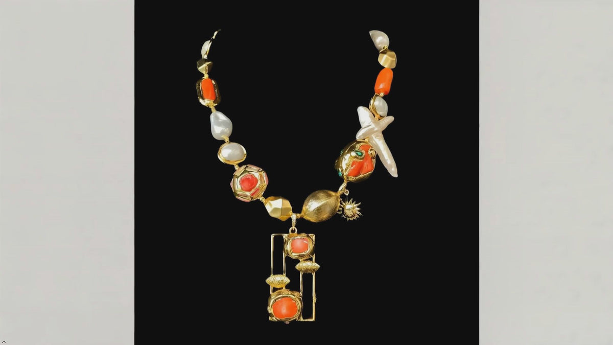 Vintage Baroque Pearl Mixed Gemstone Beaded Necklace Gold Plated
