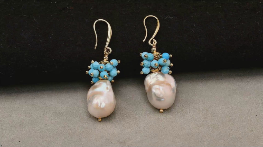 Baroque Pearl and Turquoise Drop Earrings, White Keshi Cultured Pearls with Blue Beads, Gold-Colored Hook Design