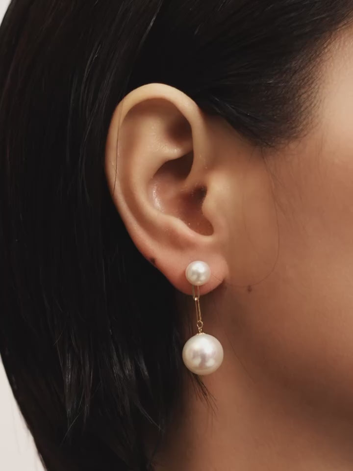 Big Genuine White Natural Freshwater Pearl 18K Yellow Gold Earrings