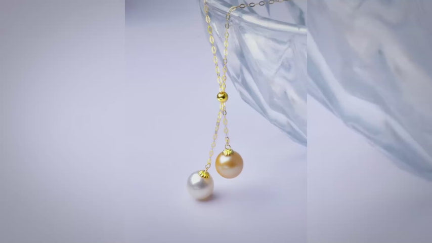 18K Gold Akoya Pearl Pendant Necklace, 7-8mm Round Dual Pearl Drop, Au750 Pure Gold Chain, Party Jewelry Gift for Women