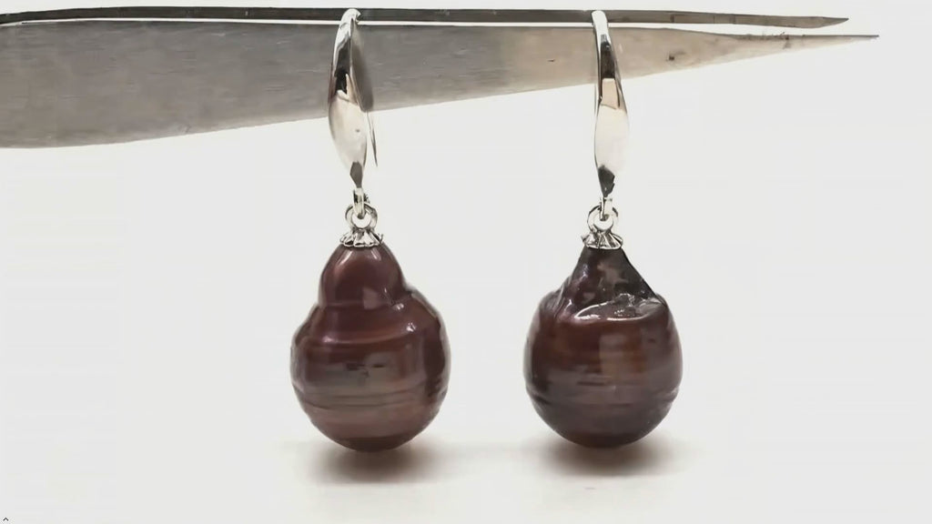 Baroque Freshwater Pearl Drop Earrings, Brown Coffee, Sterling Silver Hook, Flame Ball Shape, Special Nucleated Style