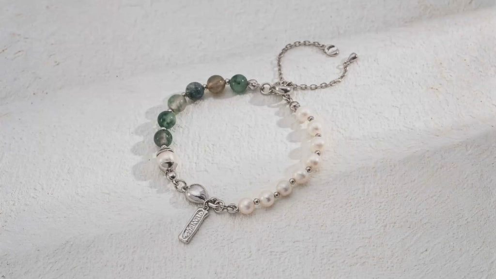 Pearl Moss Agate S925 Silver Beaded Charm Bracelet 24cm