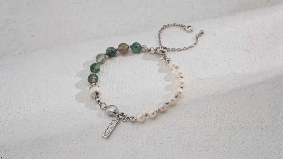 Pearl Moss Agate S925 Silver Beaded Charm Bracelet 24cm