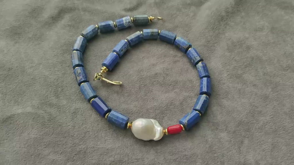 Natural Lapis Lazuli Necklace with Red Coral and Baroque Pearl, Blue Stone Beaded Jewelry