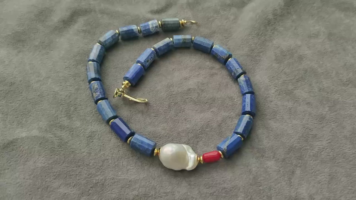Natural Lapis Lazuli Necklace with Red Coral and Baroque Pearl, Blue Stone Beaded Jewelry