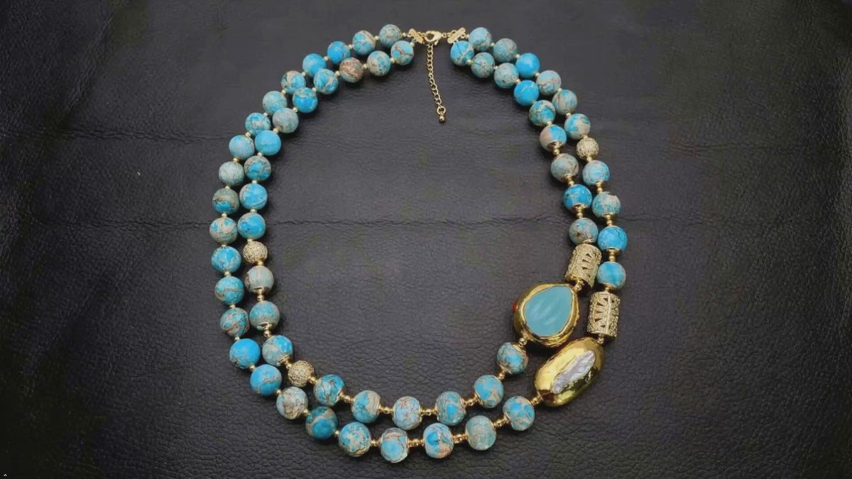 2 Strands Blue Sea Sediment Jasper & White Biwa Pearl Bead Necklace