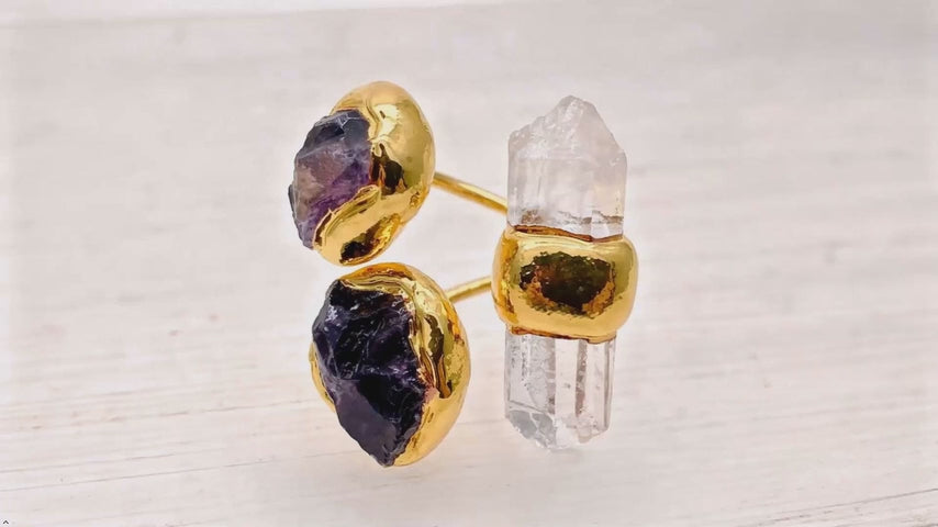 Handcrafted Natural Stone Ring, Gold Plated Amethyst and Quartz Crystal, 13x34mm, Adjustable Designer Statement Jewelry
