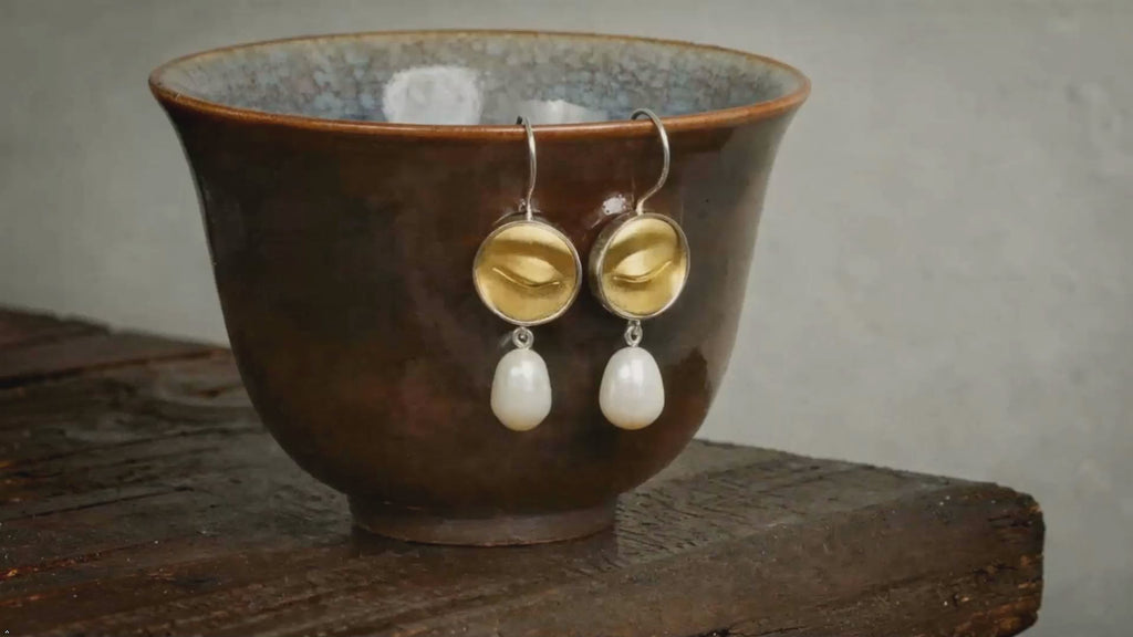 925 Silver Two Tone Natural Pearl Dangle Earrings with Buddha Statues