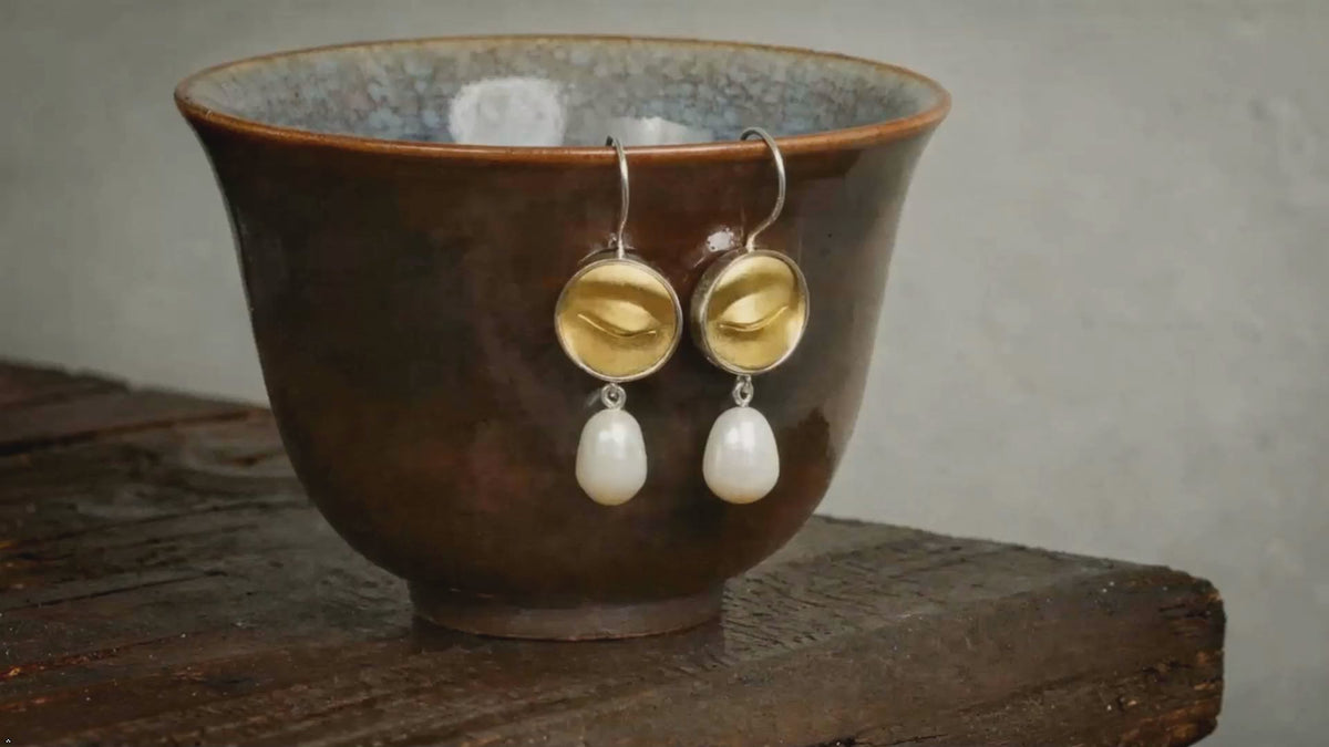 925 Silver Two Tone Natural Pearl Dangle Earrings with Buddha Statues