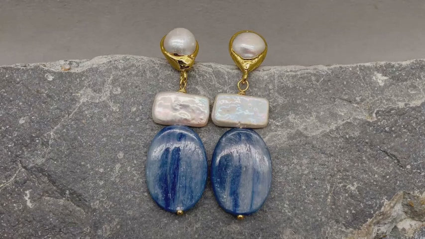 Blue Kyanite Cultured White Biwa Pearl Geometric Dangle Earrings