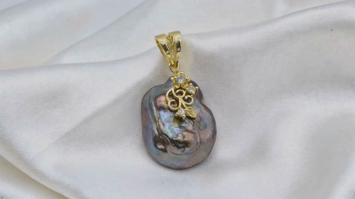 Black Baroque Pearl Pendant, 24mm Natural Freshwater Pearl, Gold-Plated Sterling Silver with Zircon Stones