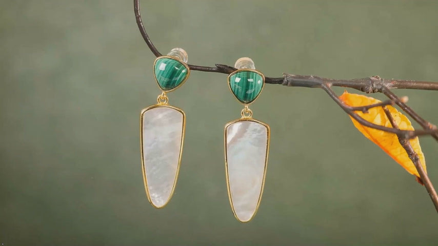 Natural Malachite White Mother of Pearl 925 Sterling Silver Dangle Earrings