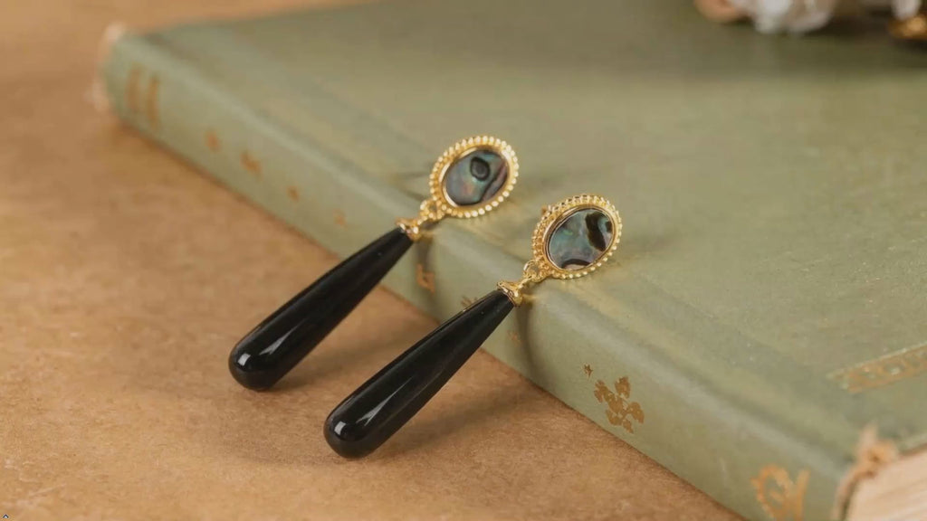 Vintage Gold Abalone Shell Drop Earrings, Oval Iridescent Stone with Black Onyx Teardrop Dangle, Statement Jewelry
