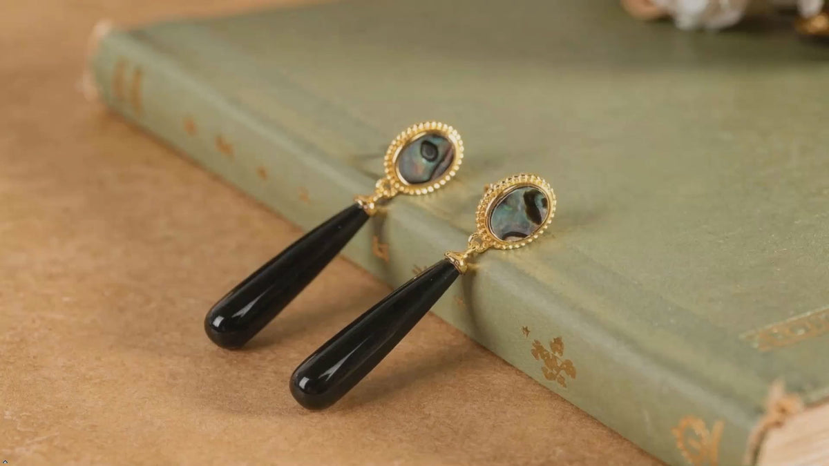 Vintage Gold Abalone Shell Drop Earrings, Oval Iridescent Stone with Black Onyx Teardrop Dangle, Statement Jewelry