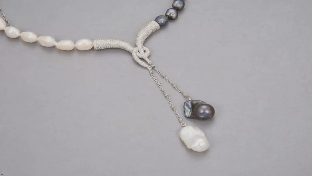 Freshwater Pearl Adjustable Bracelet, Black and White Dual-Tone, Silver Chain Tassels