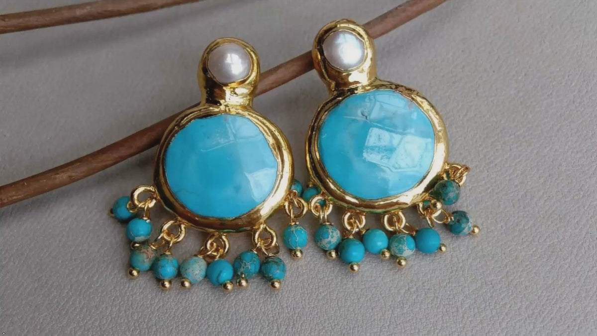 Elegant Gold Plated Turquoise Pearl Dangle Stud Earrings, 22mm, Blue Stone with Pearl Accent, Chandelier Style