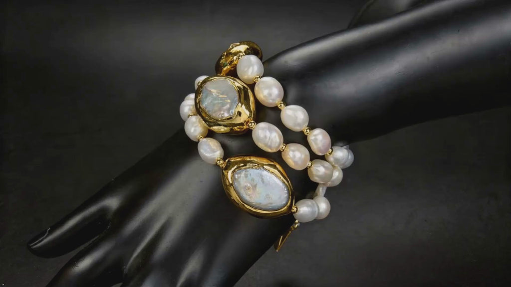 3-Row Cultured Rice Pearl Necklace with Keshi Pearl and Gold Plated Connector, White Choker