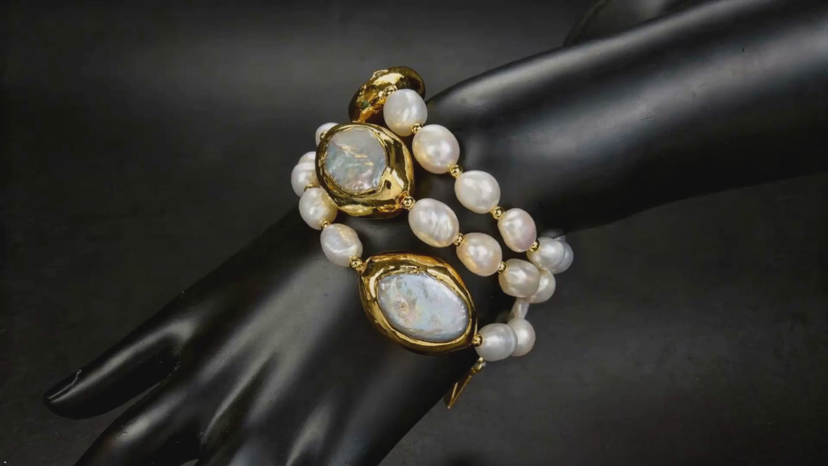 3-Row Cultured Rice Pearl Necklace with Keshi Pearl and Gold Plated Connector, White Choker