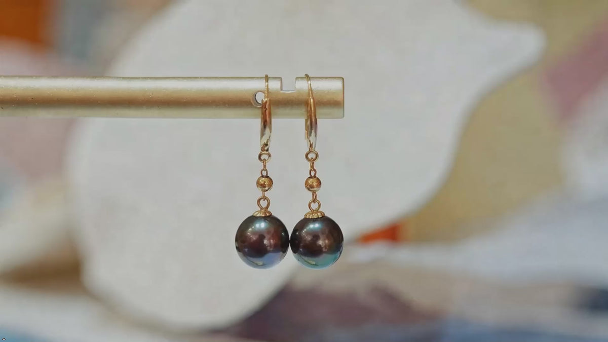 Natural Tahitian Black Pearl Gold Earrings, Dangle Drop Style