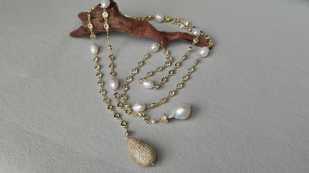White Baroque Pearl CZ Pave Rosary Chain Long Necklace