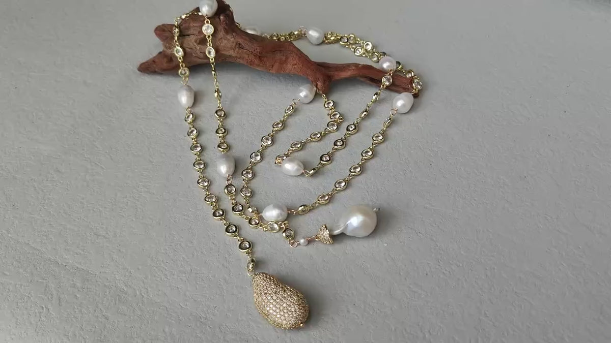 White Baroque Pearl CZ Pave Rosary Chain Long Necklace