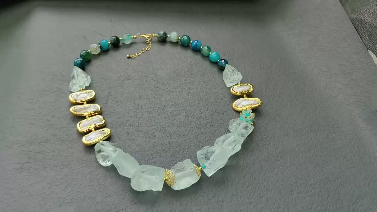 Raw Aquamarine Blue Agate Baroque Pearl Beaded Necklace