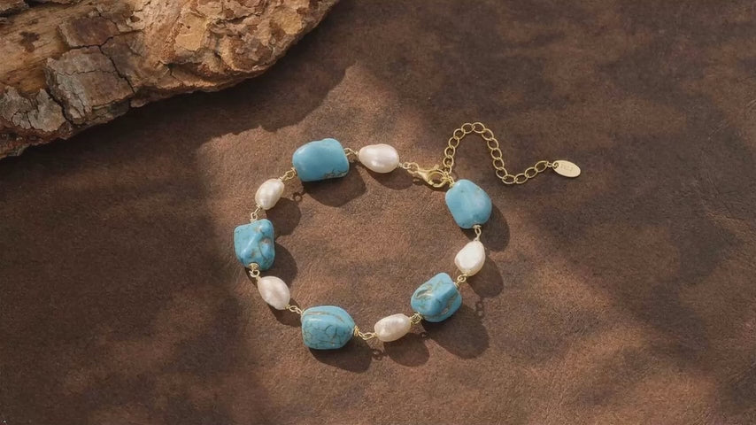 925 Silver Gold Plated Turquoise Stone White Pearl Strand Bracelet