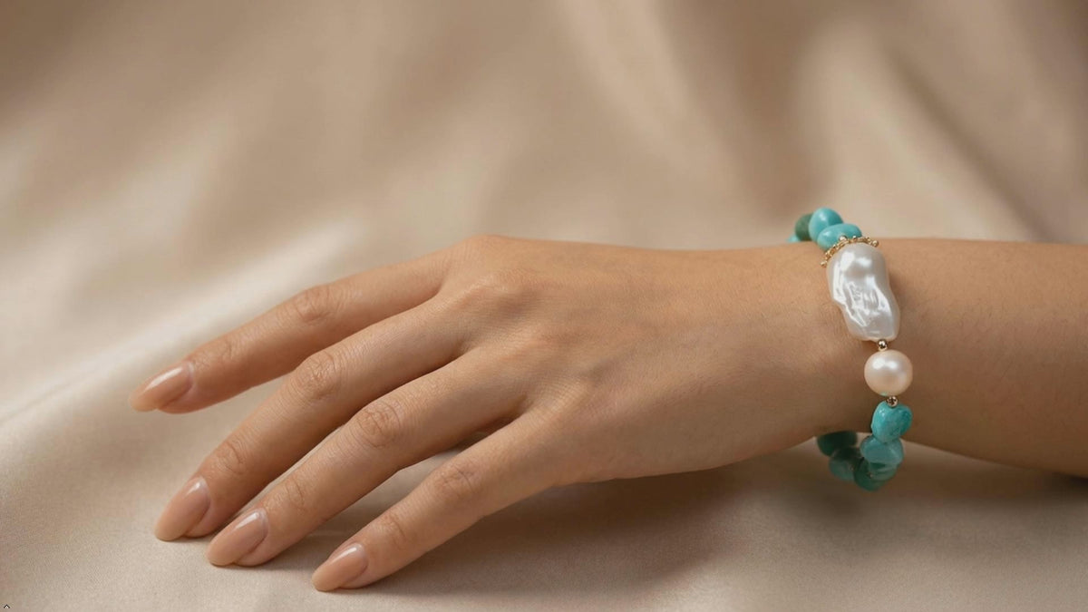 Freshwater Cultured White Keshi Baroque Pearl & Amazonite Bracelet | Pearl Size,, Natural Green Stone, Peruvian Amazonite, Beaded Design
